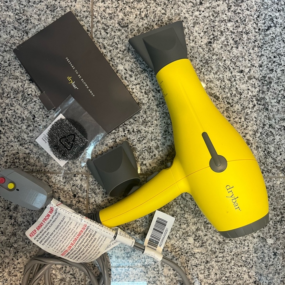 Drybar Buttercup Hair Blow-Dryer -Yellow, 2 dryer nozzle attachments& new filter